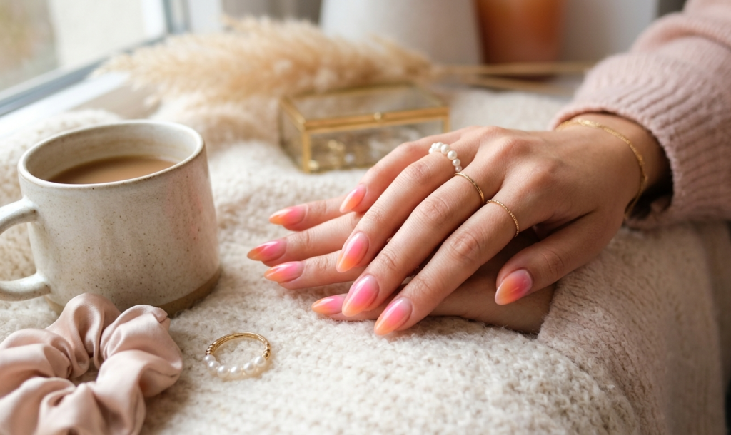 Glossy glazed donut nails with a soft pearly finish and elegant almond shape.
