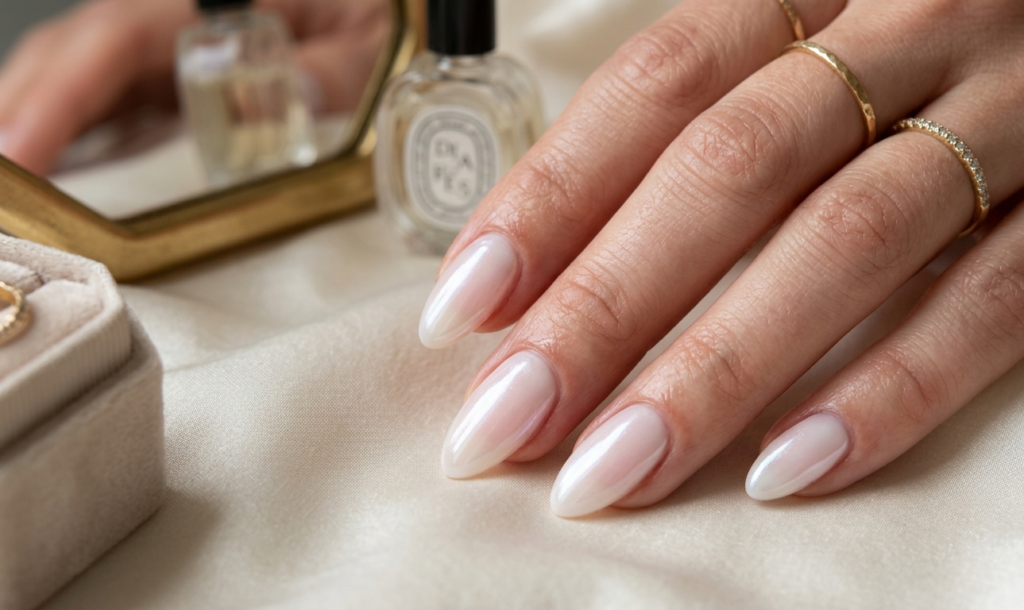 Different viral nail trends including chrome, glazed donut, aura, and French tip nails displayed in a stylish flat lay.