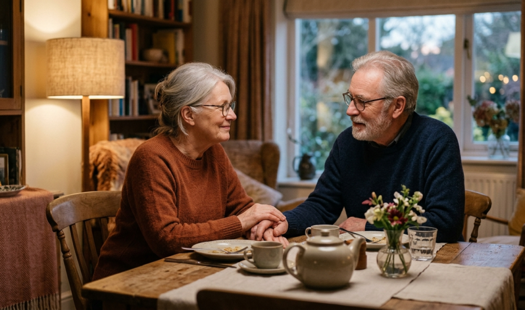 Happy couple calmly discussing and resolving a small issue at home.