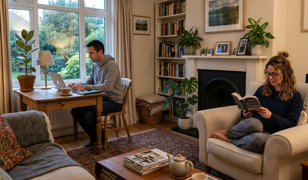 Happy couple respecting personal space while spending time together at home.