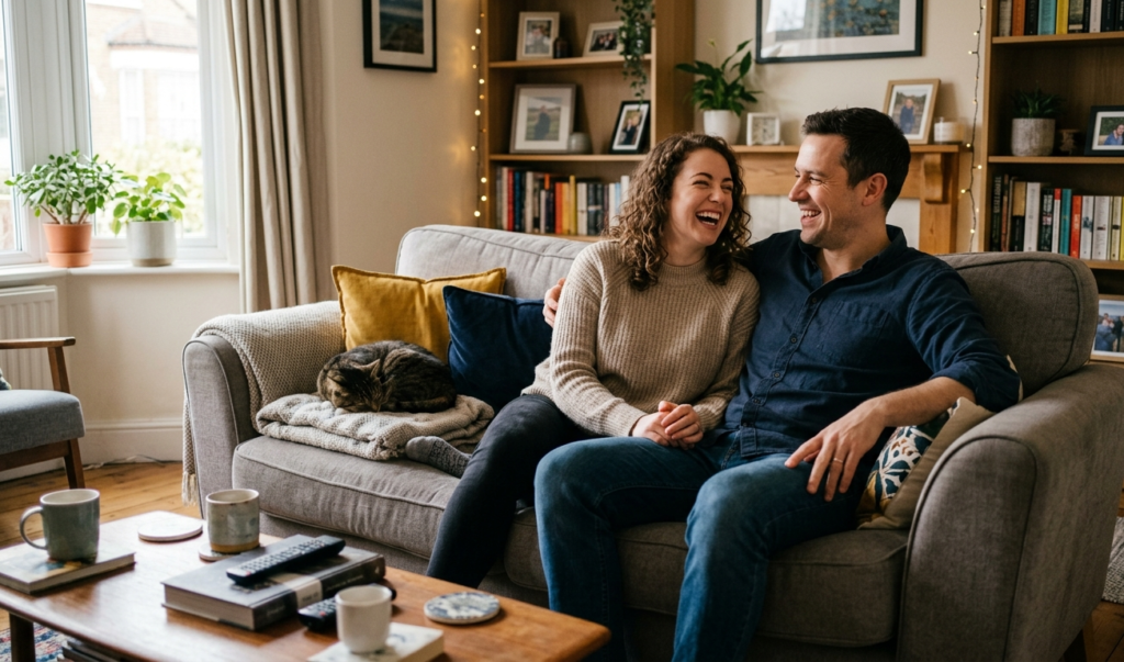 Happy couple laughing together while relaxing at home.