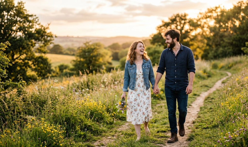 Happy couple holding hands while walking outdoors in a romantic moment.