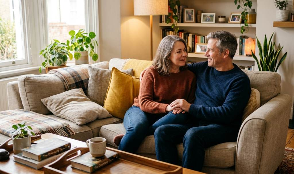 Happy couple calmly communicating during a discussion in the living room.