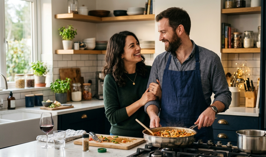Happy couples sharing appreciation after cooking together in the kitchen.