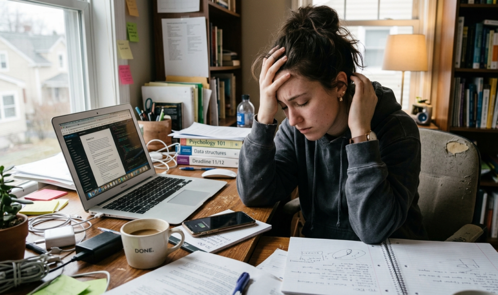 Person feeling overwhelmed at desk showing how stress affects your body and mind
