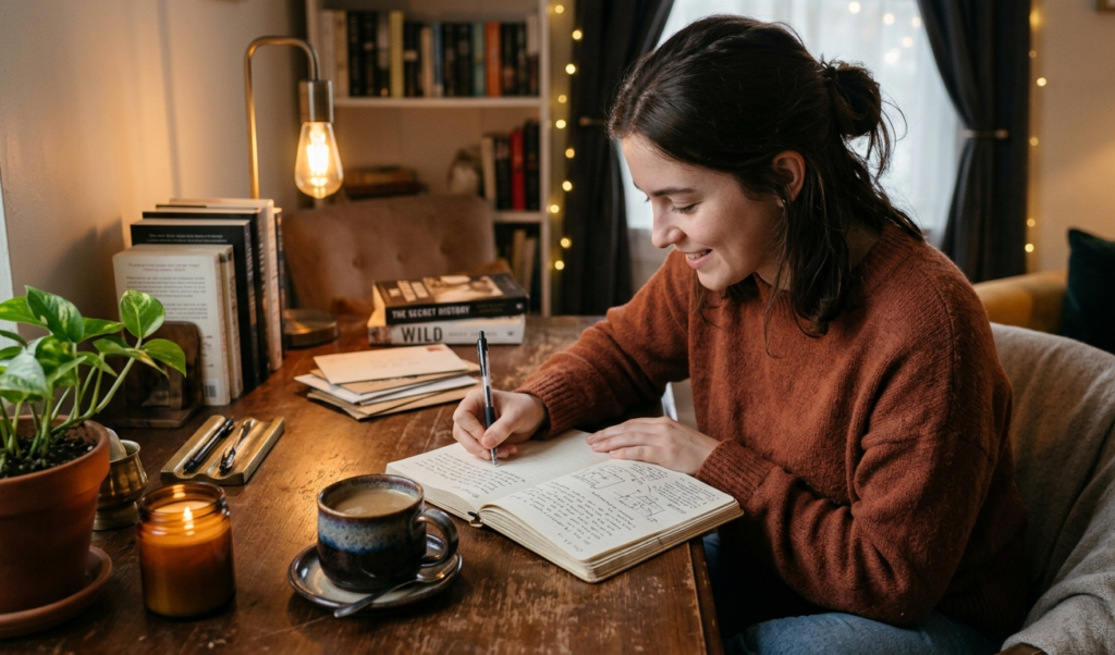 Person writing in a journal to manage anxiety and emotional stress naturally.
