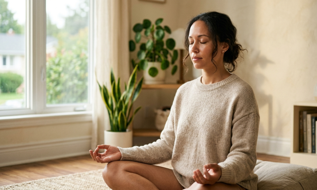 Person practicing deep breathing techniques to reduce anxiety without medication.