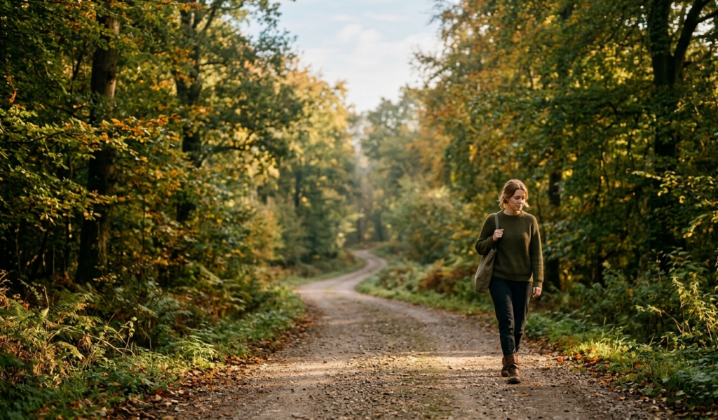 Person taking a peaceful morning walk outdoors to calm anxiety naturally.