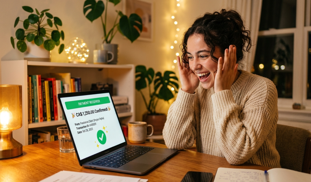 Excited freelancer seeing their first online payment confirmation