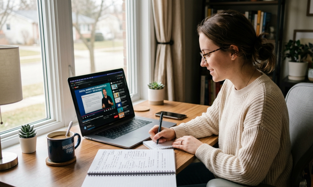 Student learning online skills through tutorials and practice notes