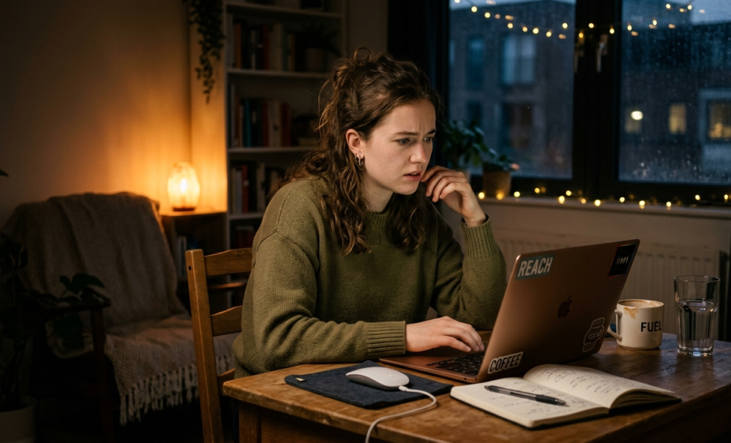 Beginner working on a laptop at night while starting their online income journey