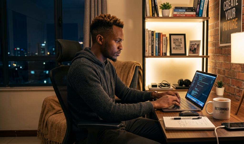 Young man learning online skills and searching for simple ways to make money.