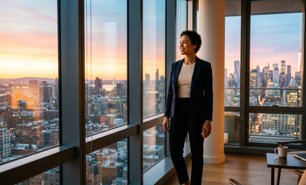 Confident person looking at sunrise symbolizing financial freedom