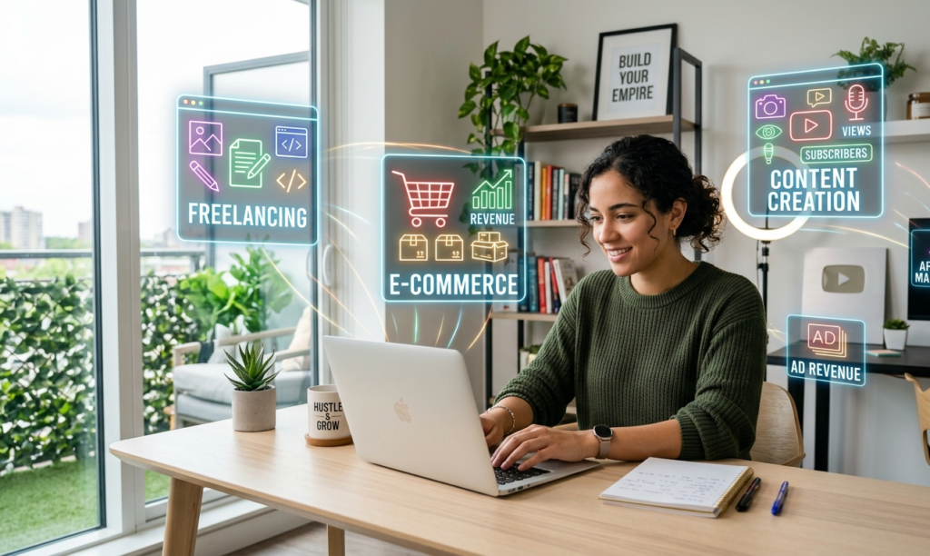 Person working online with laptop showing multiple income streams