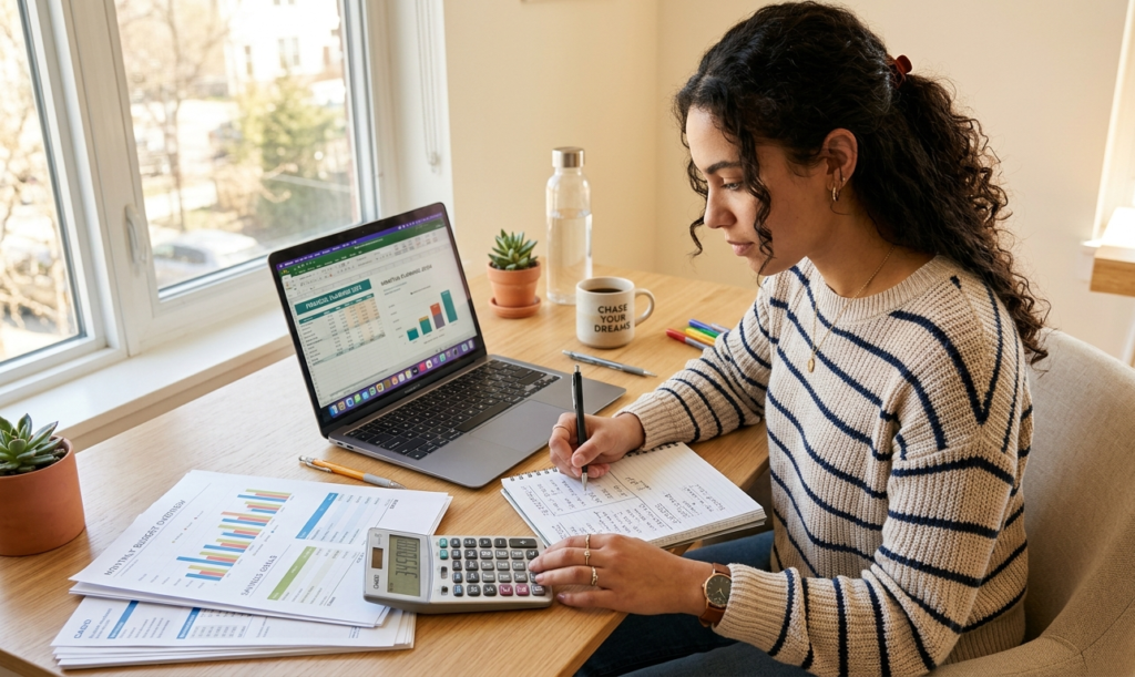 Person planning finances using laptop and notebook for budgeting