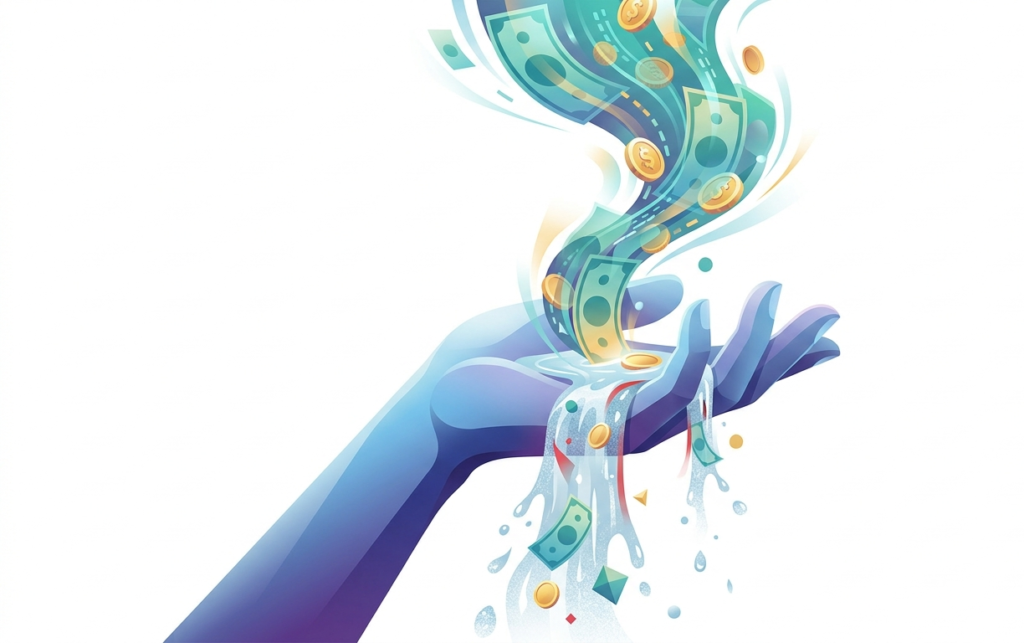 Concept showing money coming in and quickly leaking out of hand