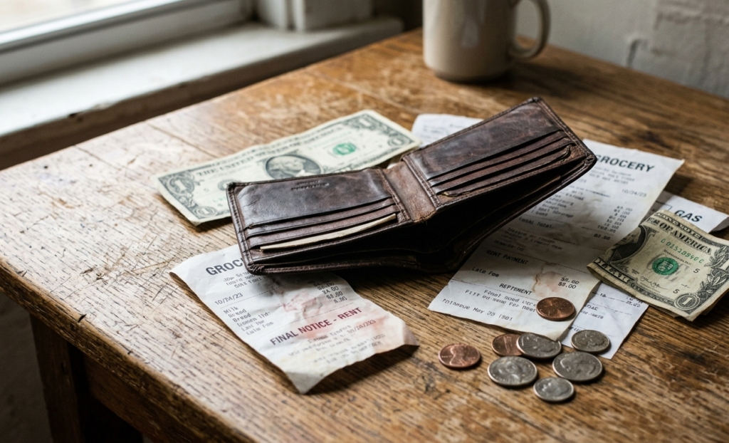 Empty wallet with bills and receipts showing financial showing reasons you are still broke