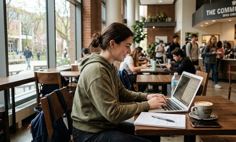 Student working on laptop in a cafeteria while studying and planning income ideas