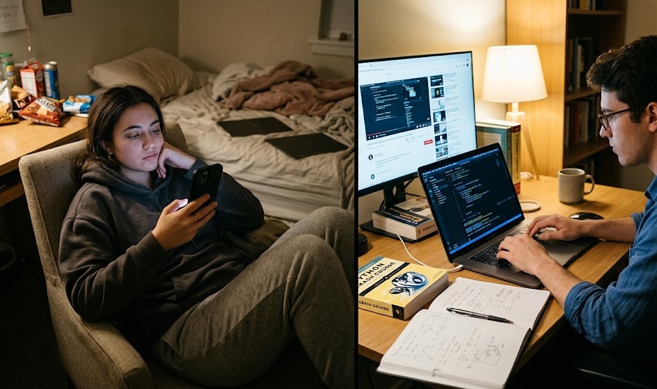 Comparison between wasting time online and learning money making skills.