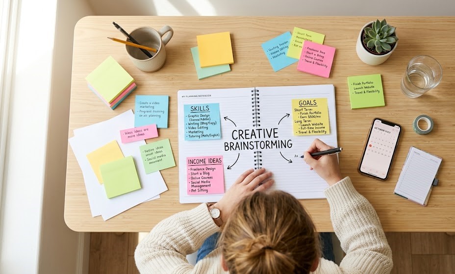 Student writing ideas and planning ways to improve financial situation