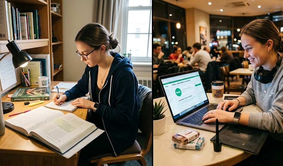 Student balancing studies and side hustles to make money