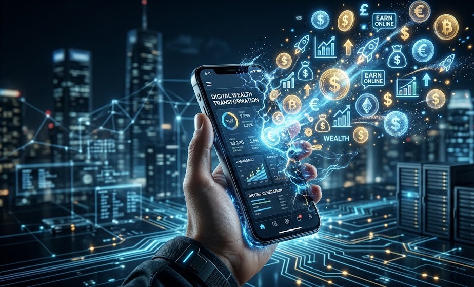 A creative concept image showing a smartphone transforming into floating digital money icons, coins, and online income symbols, glowing futuristic style, high detail