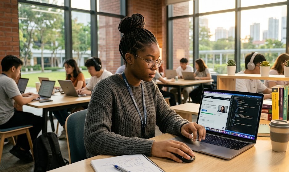 Student learning online skills to improve income opportunities