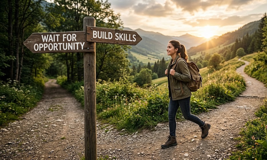 Person choosing to develop money making skills instead of waiting for opportunities.