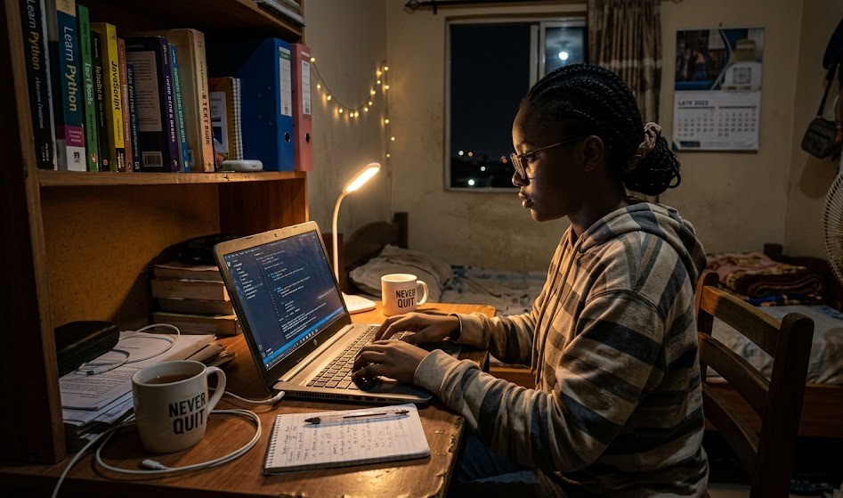 Young person from a poor family learning money making skills on a laptop at home.