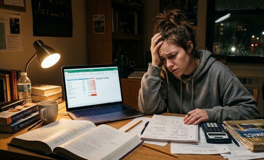 Student stressed about financial problems while studying at night