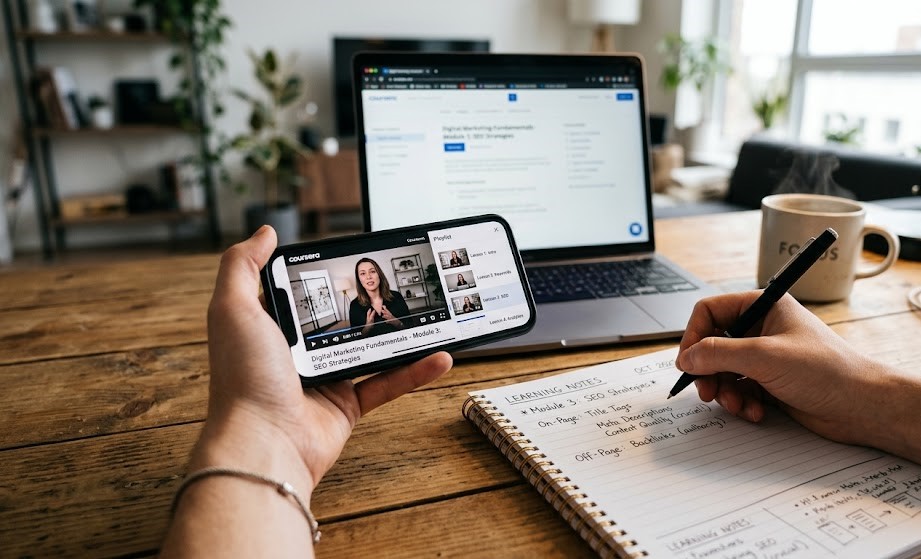Person using phone to learn online skills instead of scrolling social media