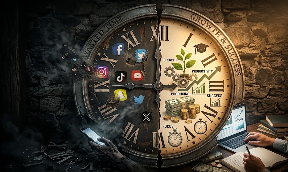 Clock showing contrast between wasted time scrolling and productive time earning online