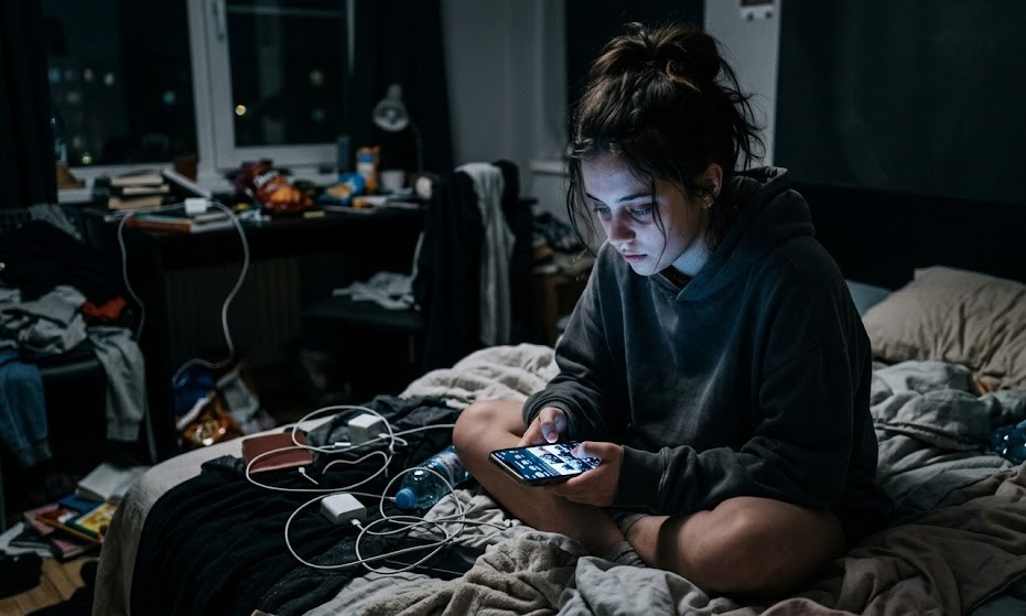 Person scrolling endlessly on phone in a dark room at night, looking tired and distracted