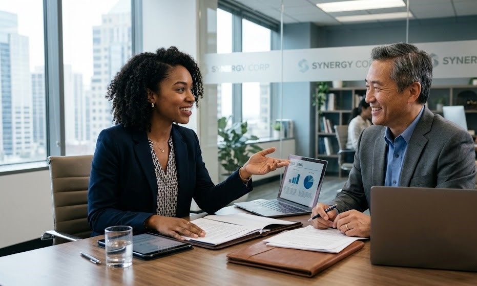 Young entrepreneur using negotiation skills to secure a business deal.