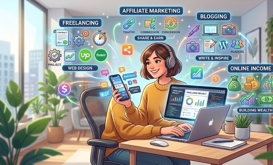 Digital side hustle concept showing multiple ways to earn money online using phone and laptop