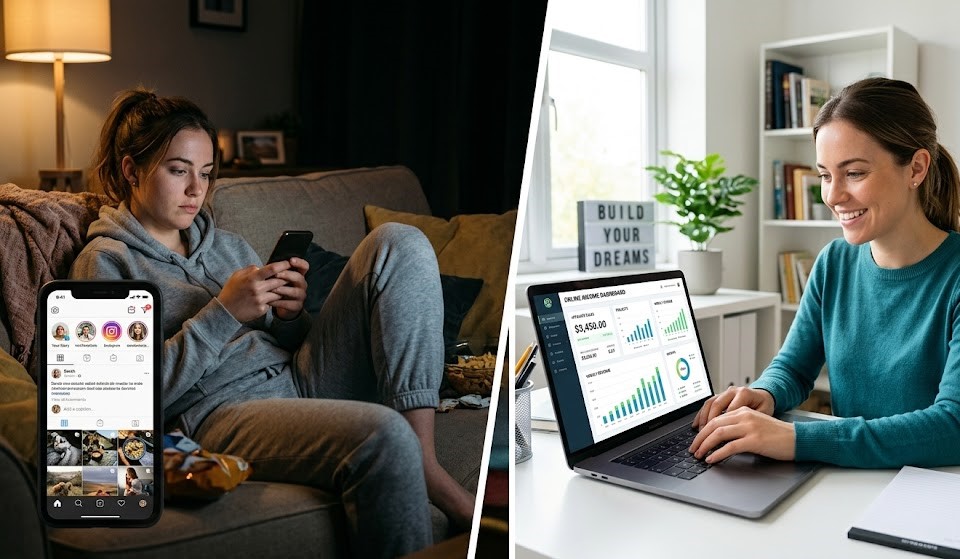 Split image showing phone distraction versus productive online work and earning money