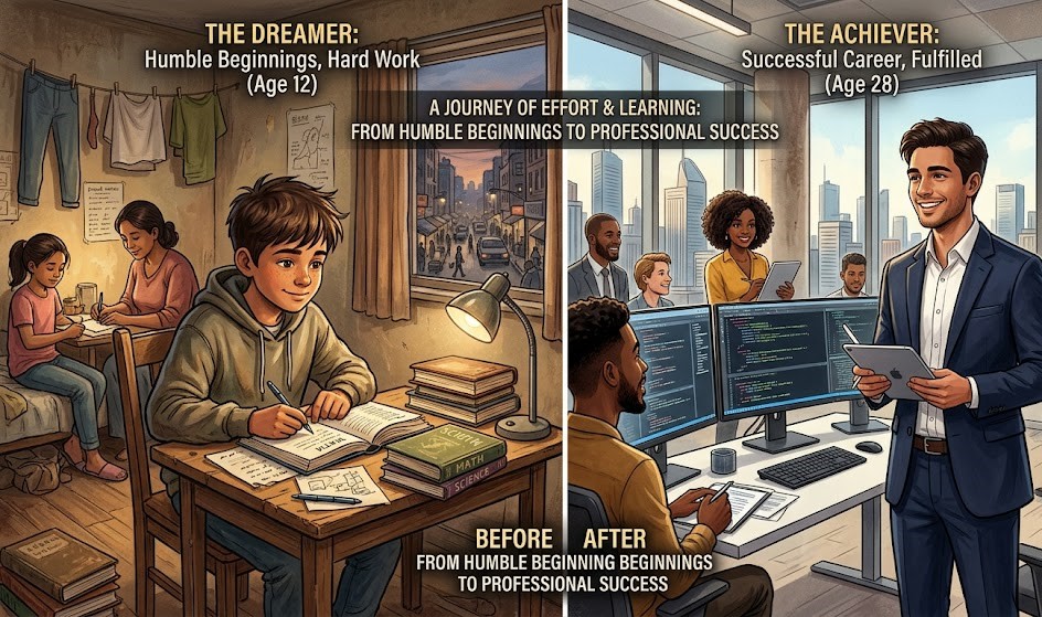 Journey from poverty to success through education and money making skills.