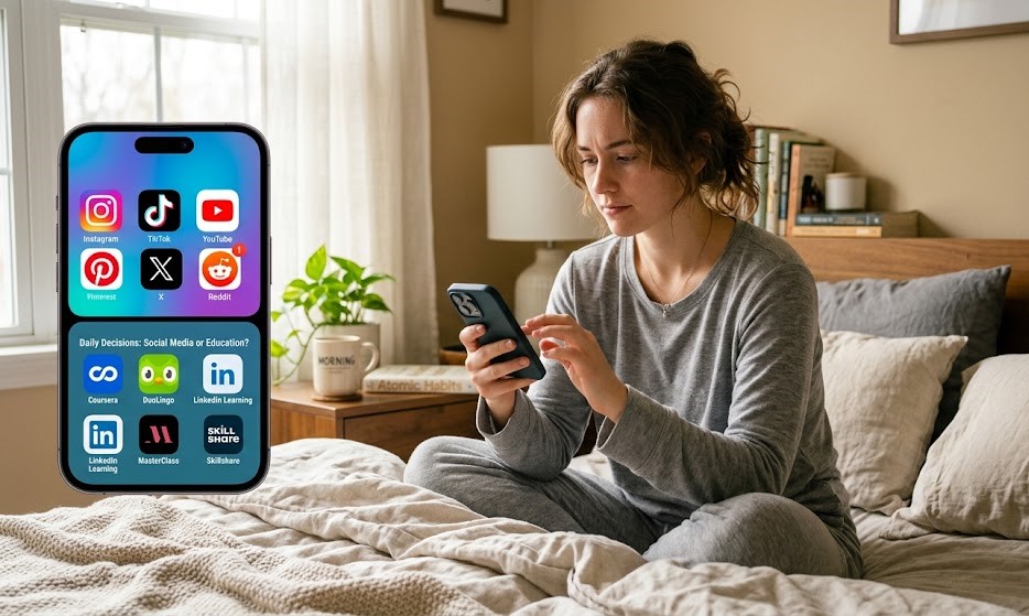 Person deciding between social media and learning apps on phone in the morning