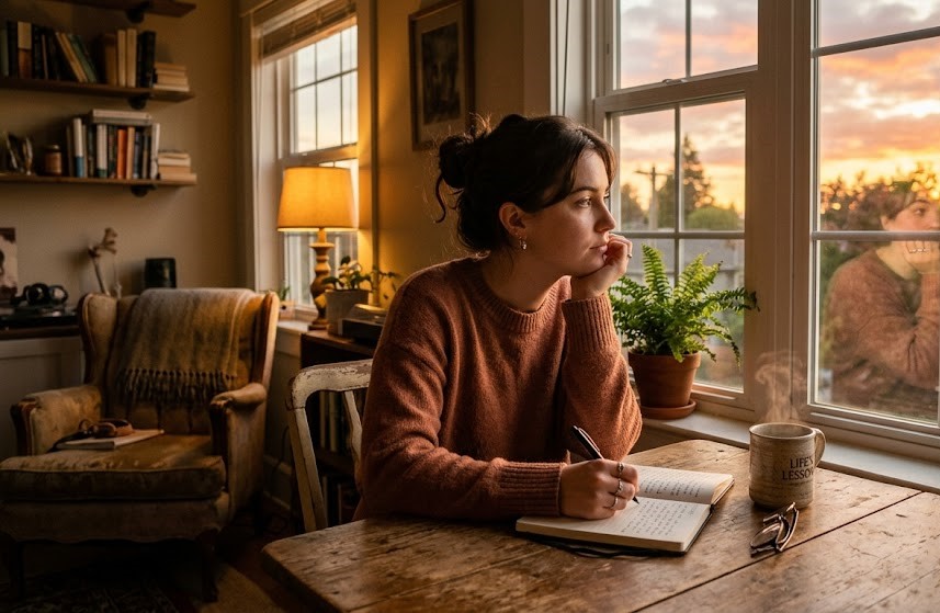 A person sitting alone with a notebook, reflecting after a difficult day