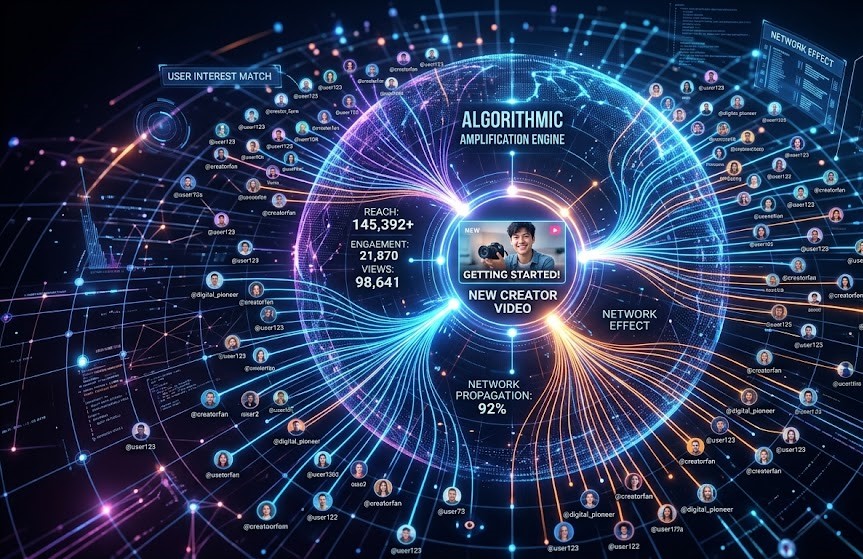 Illustration of social media algorithms helping new creators reach more people.