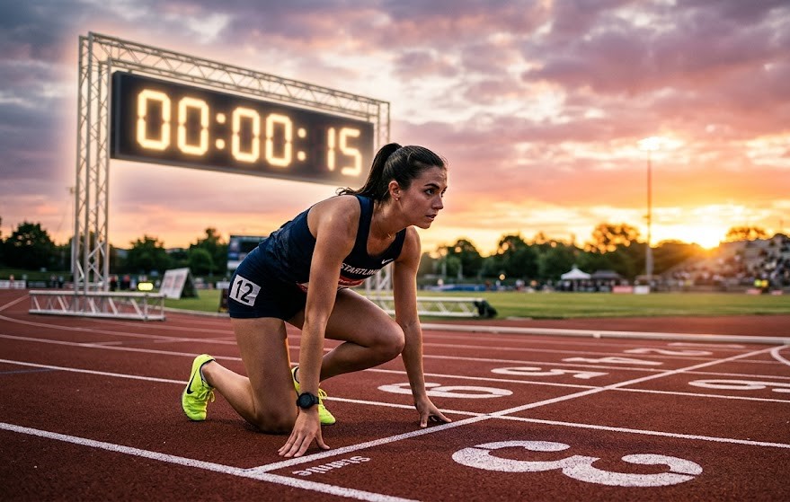 A runner standing at a starting line while a large clock fades into the background
