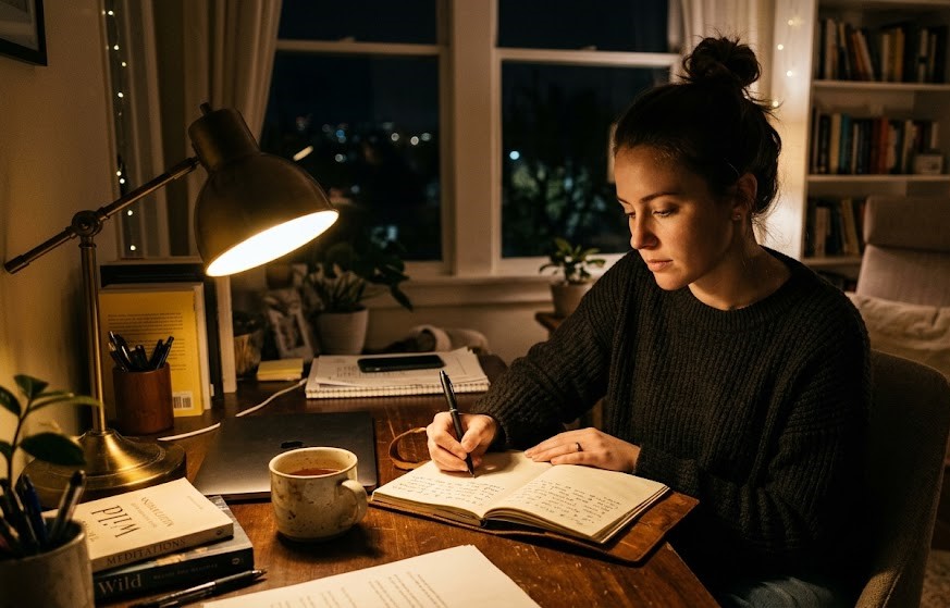 Person reflecting on life before starting a journey of personal growth.