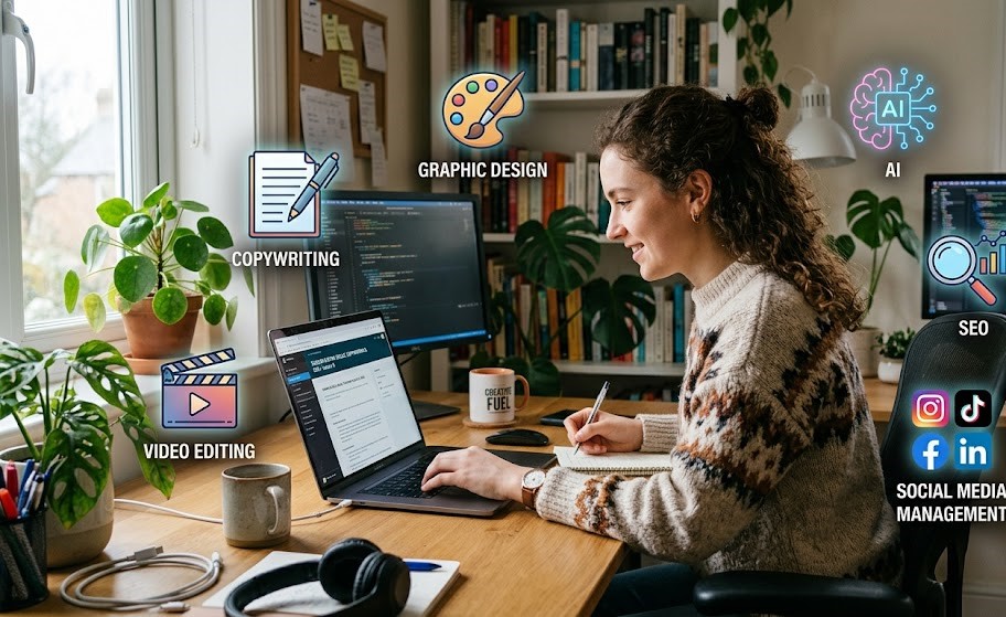 Beginner learning profitable digital skills before building a social media audience.