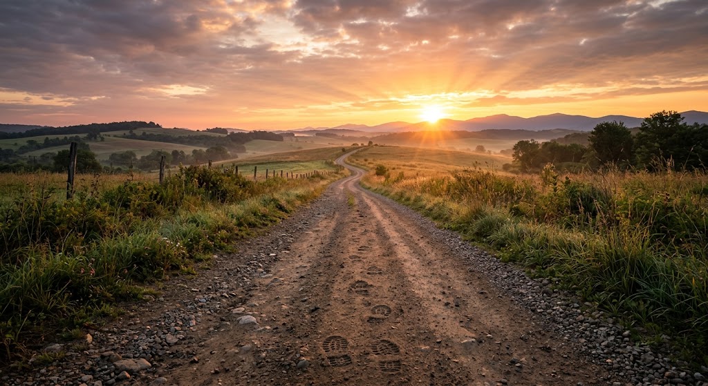 A long road leading toward a glowing sunrise with footprints beginning at the foreground