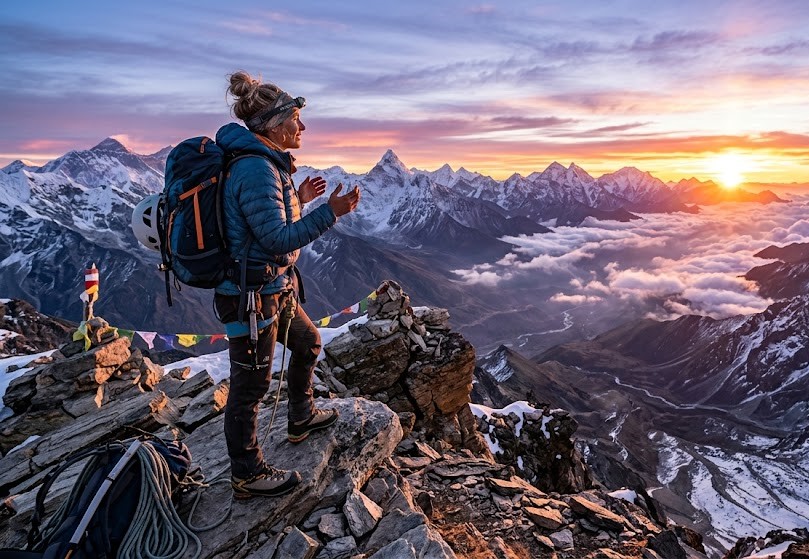 A mountain climber reaching a scenic viewpoint after a difficult climb
