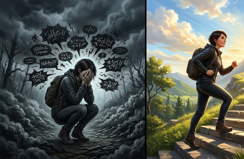 A split-scene illustration showing one side with someone surrounded by dark clouds and negative speech bubbles demonstrating inspiration to change her life for good