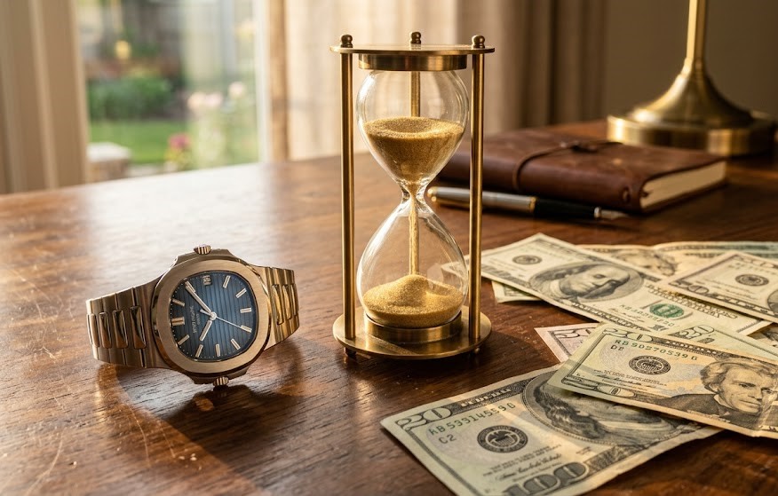 Hourglass and money representing the value of time over wealth.