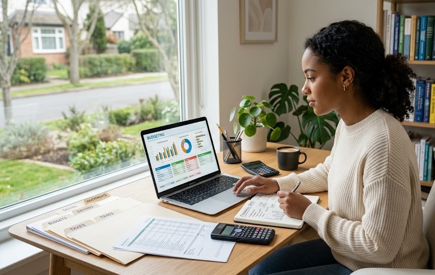 A person studying personal finance on a laptop while taking notes and planning a monthly budget at home.