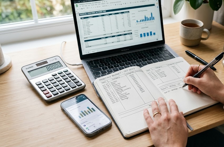 Hands creating a monthly budget with a notebook, calculator, smartphone, and financial documents on a desk.