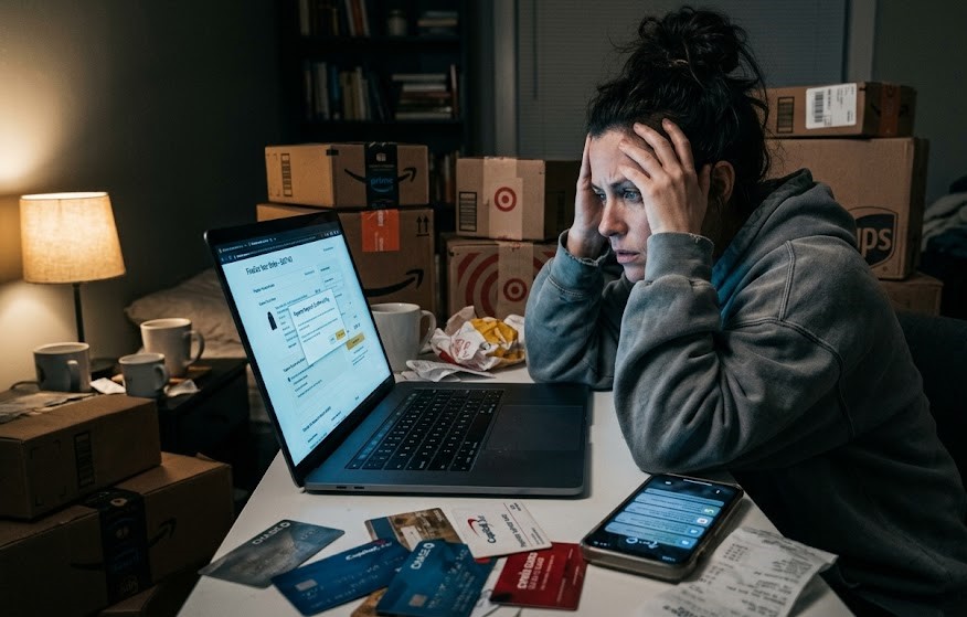 Emotional spending leading to unnecessary purchases and money problems.